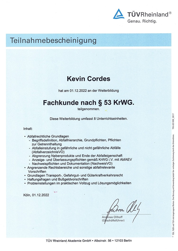 Zertifikat Fachkunde nach § 53 KrWG